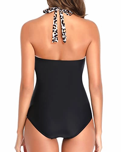 Adjustable Self-Tie Halter Neck Tummy Control Swimsuits For Women-Black And Leopard