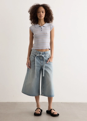Belted Denim Bermuda Pants