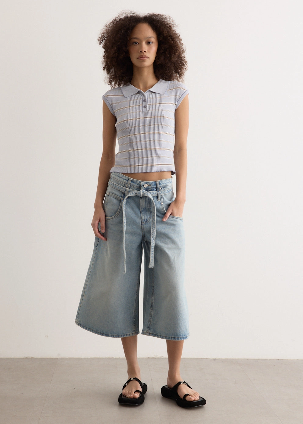 Belted Denim Bermuda Pants