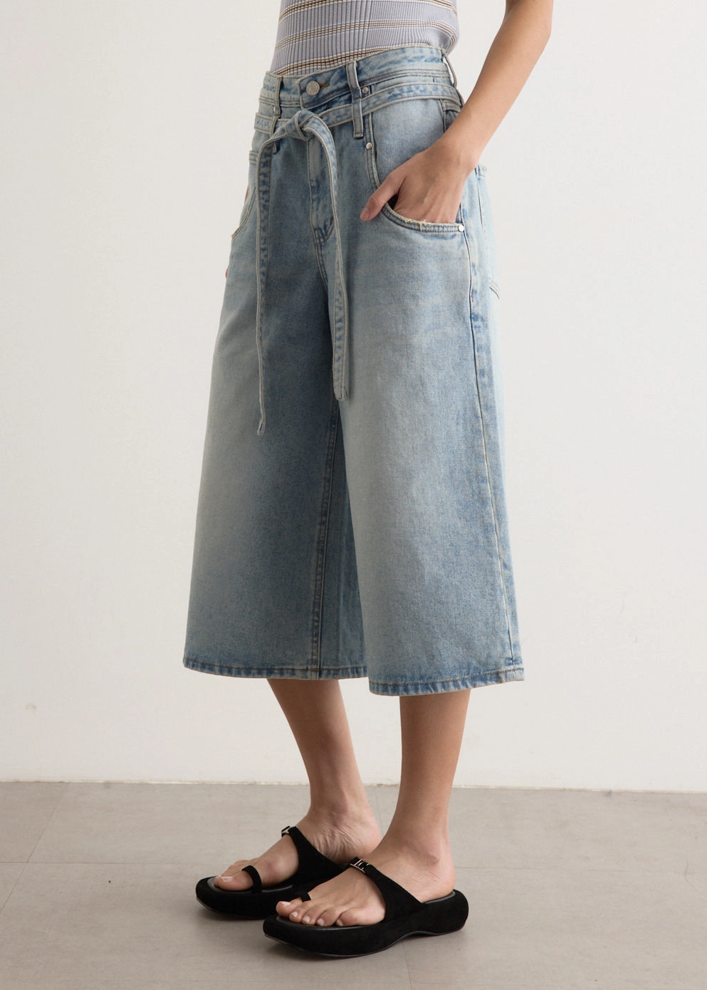 Belted Denim Bermuda Pants