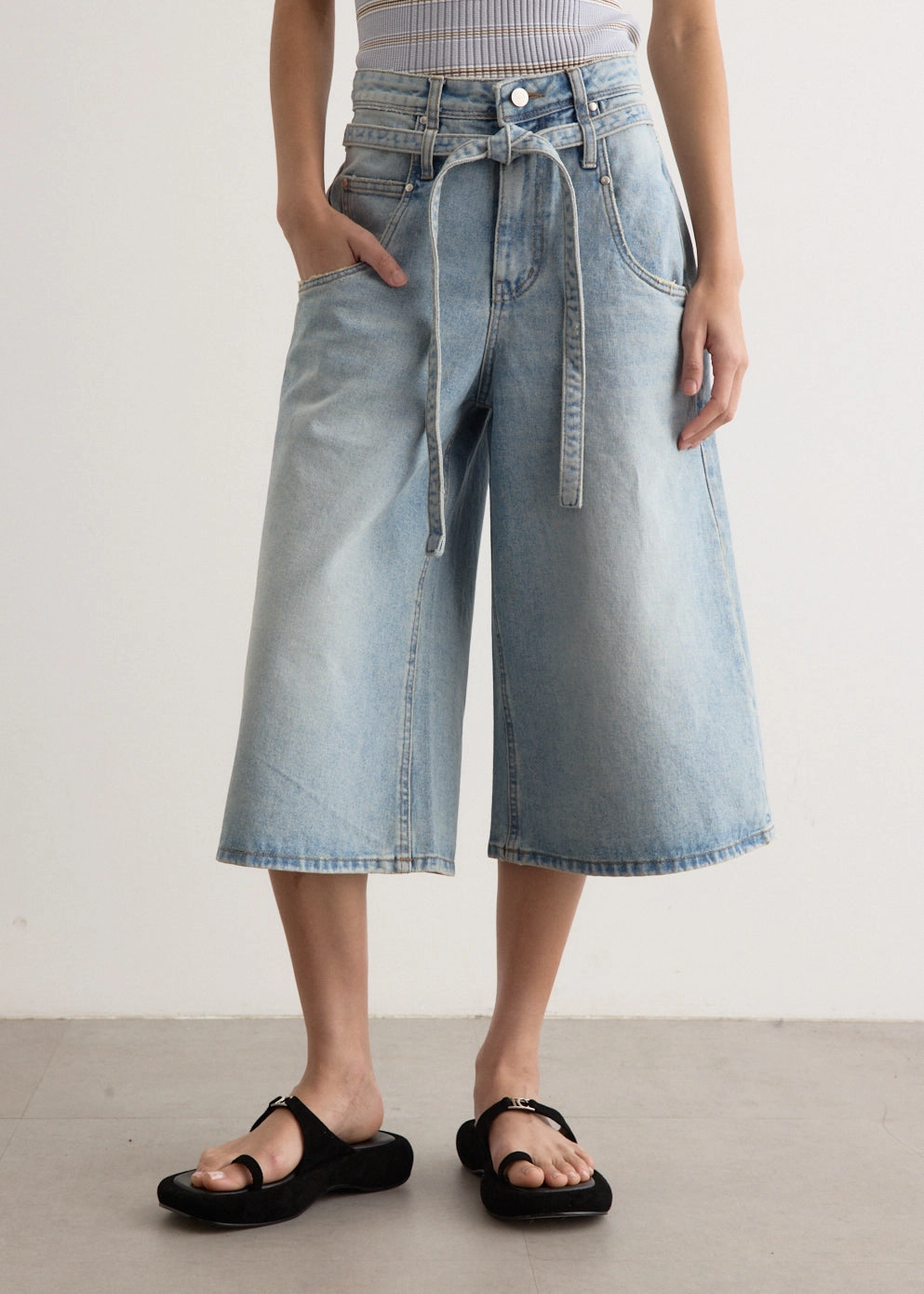 Belted Denim Bermuda Pants
