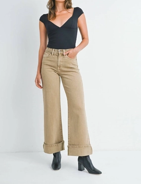 Cuffed Palazzo Wide Leg Jeans In Khaki