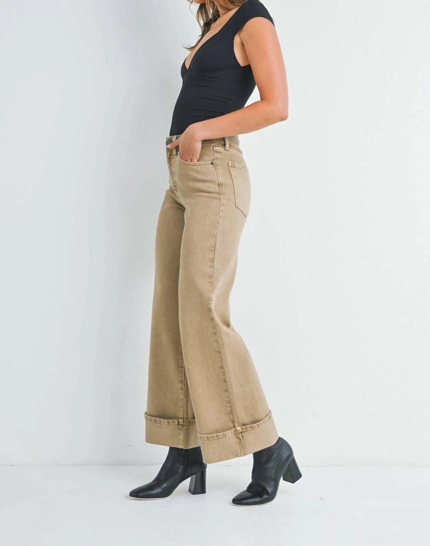 Cuffed Palazzo Wide Leg Jeans In Khaki