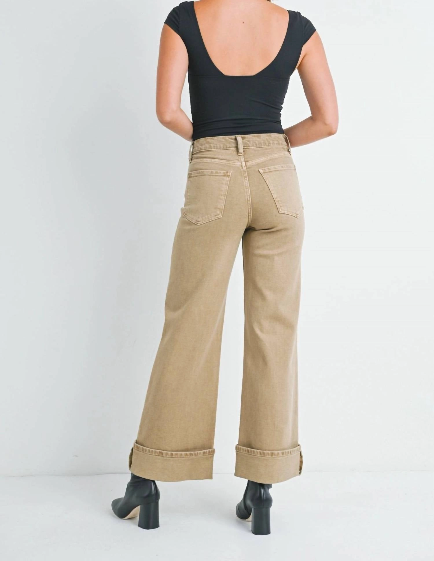Cuffed Palazzo Wide Leg Jeans In Khaki