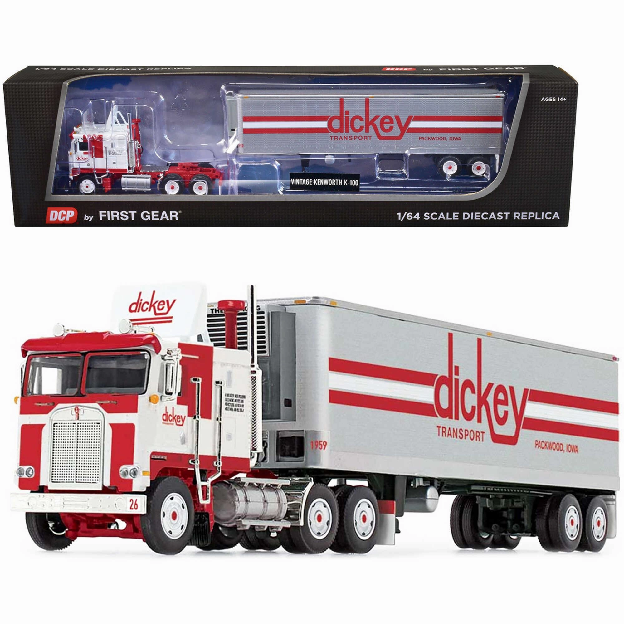 DCP/First Gear 1/64 Model - Kenworth K100 COE with Refrigerated Trailer White/Red