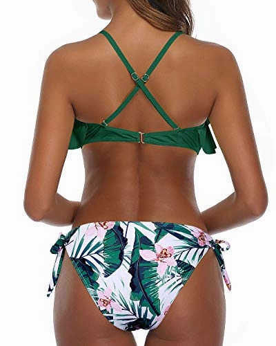 Flounce Bikini Top Women Cross Back Bathing Suit-Green Tropical Floral