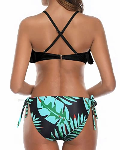 Flounce Cross Back Bathing Suit Bikini For Women Set-Black And Green Leaf