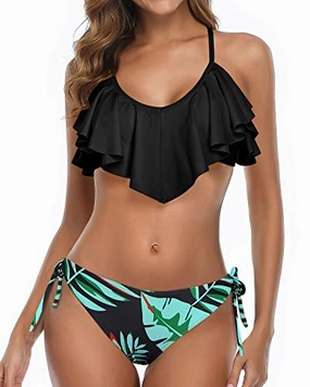 Flounce Cross Back Bathing Suit Bikini For Women Set-Black And Green Leaf