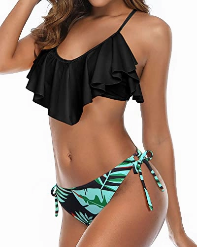 Flounce Cross Back Bathing Suit Bikini For Women Set-Black And Green Leaf