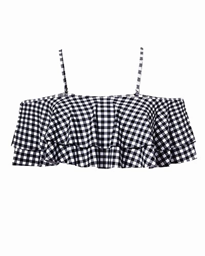 Gorgeous Off-The-Shoulder Flounce Swimsuit Top For Women-Black And White Checkered