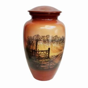 Heaven's Gate, Cremation Urn | Misty Farm scene with Open Gate | Urn for Farmers