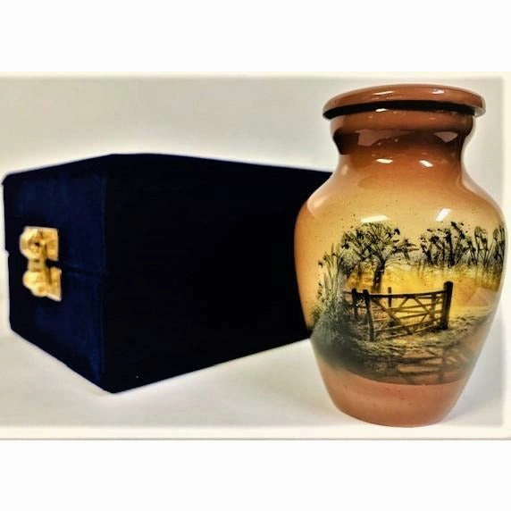 Heaven's Gate, Cremation Urn | Misty Farm scene with Open Gate | Urn for Farmers