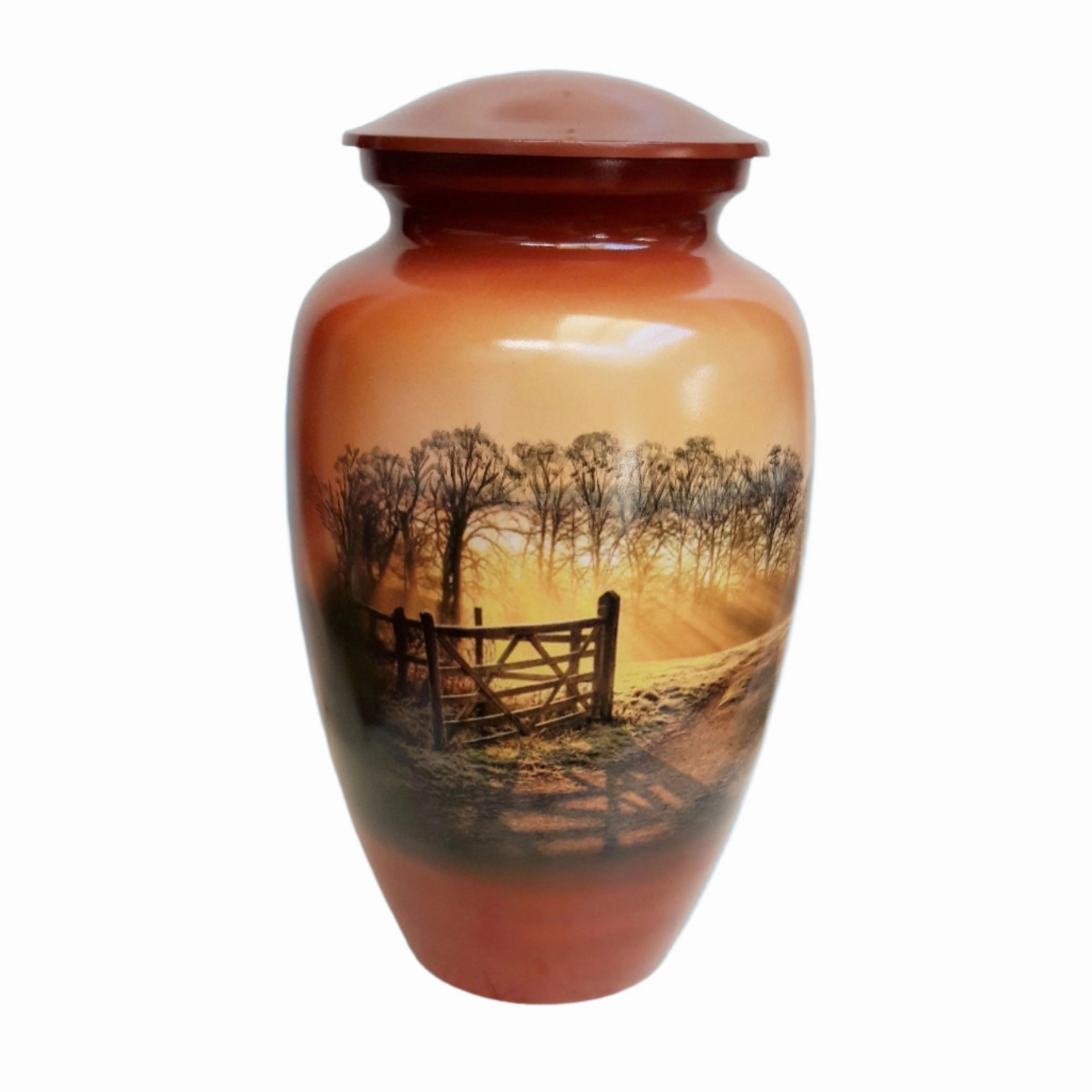 Heaven's Gate, Cremation Urn | Misty Farm scene with Open Gate | Urn for Farmers