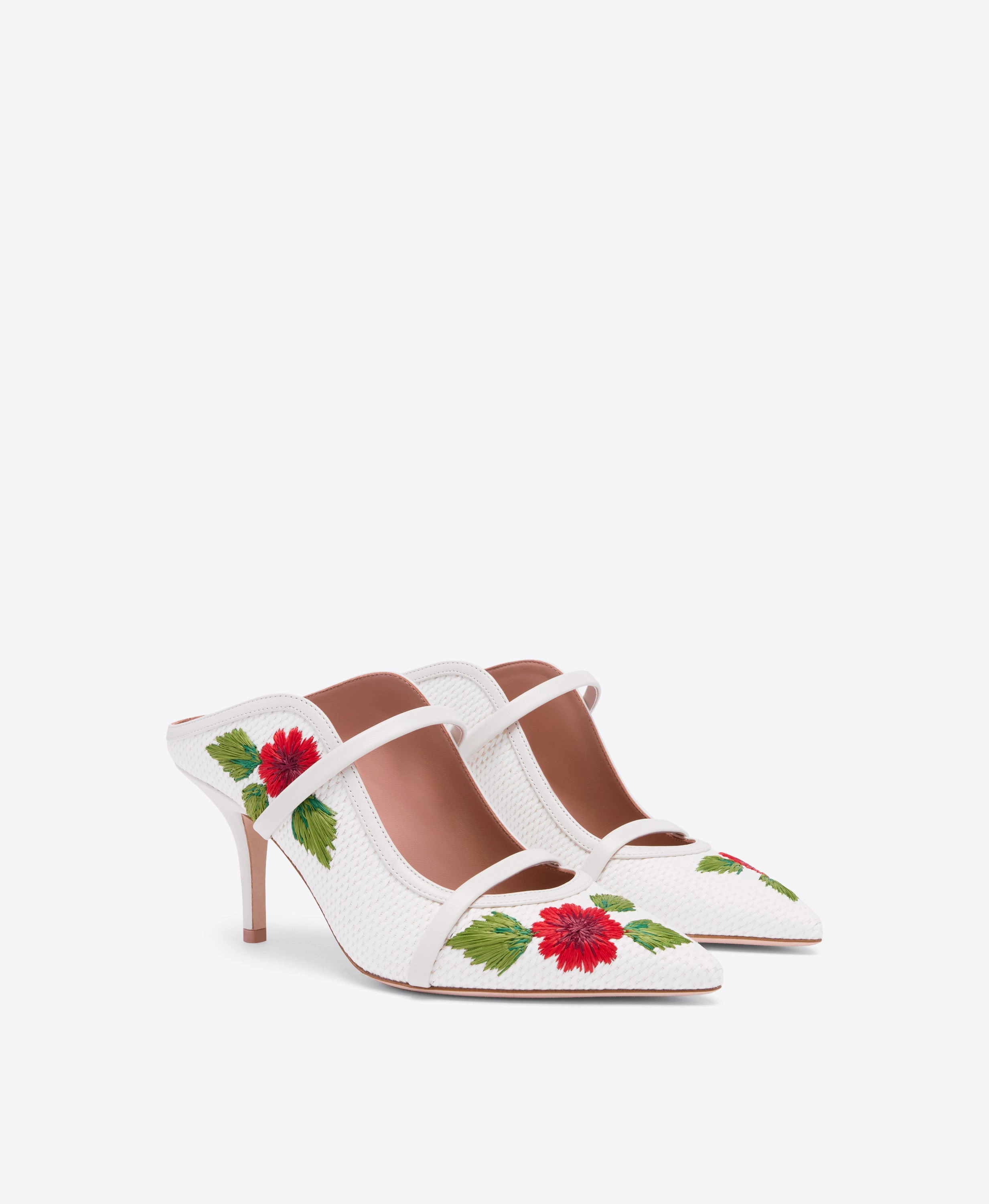 Maureen 70 White Embroidered Raffia Heeled Mules