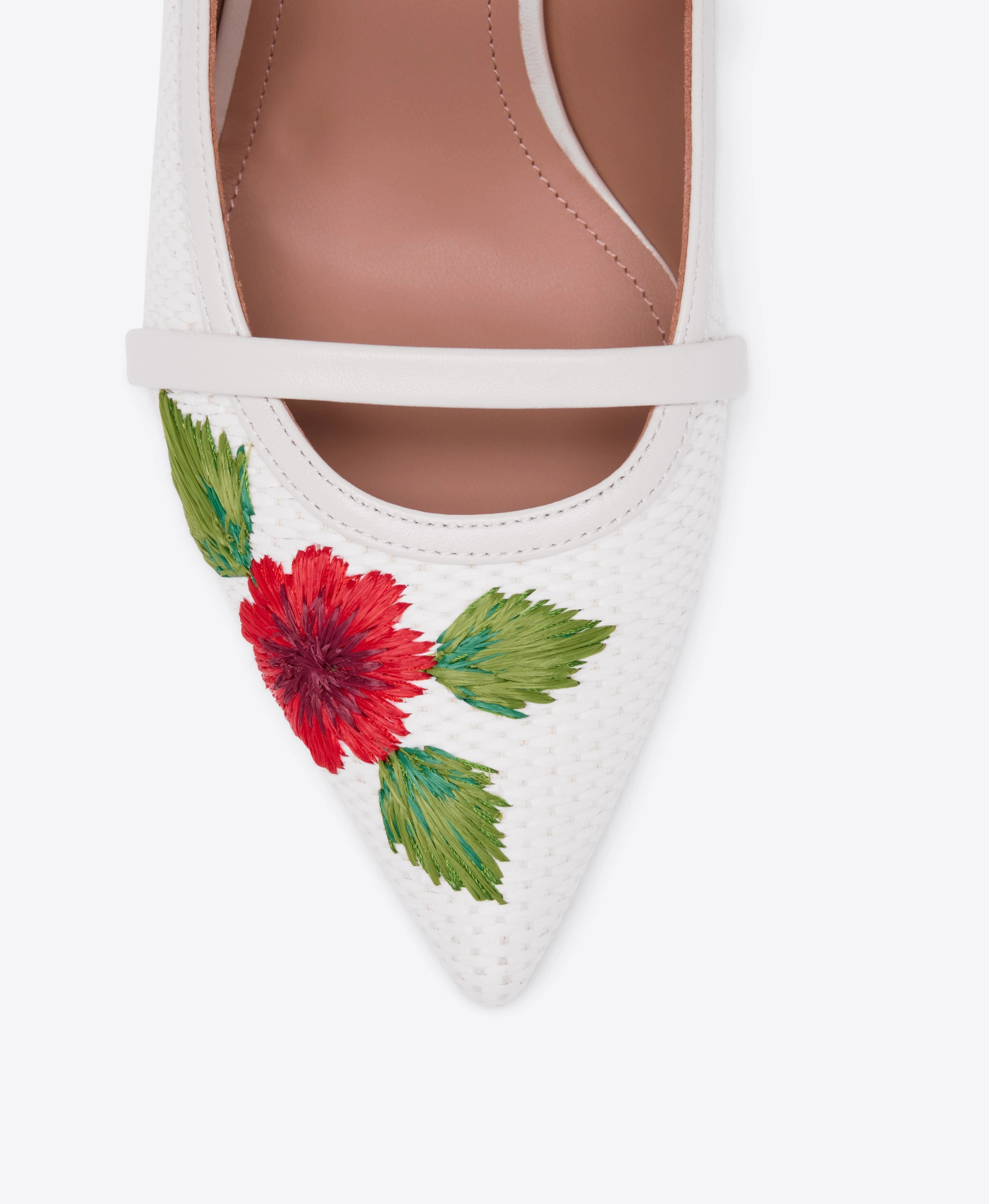 Maureen 70 White Embroidered Raffia Heeled Mules