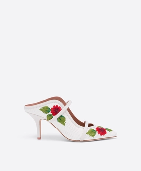 Maureen 70 White Embroidered Raffia Heeled Mules