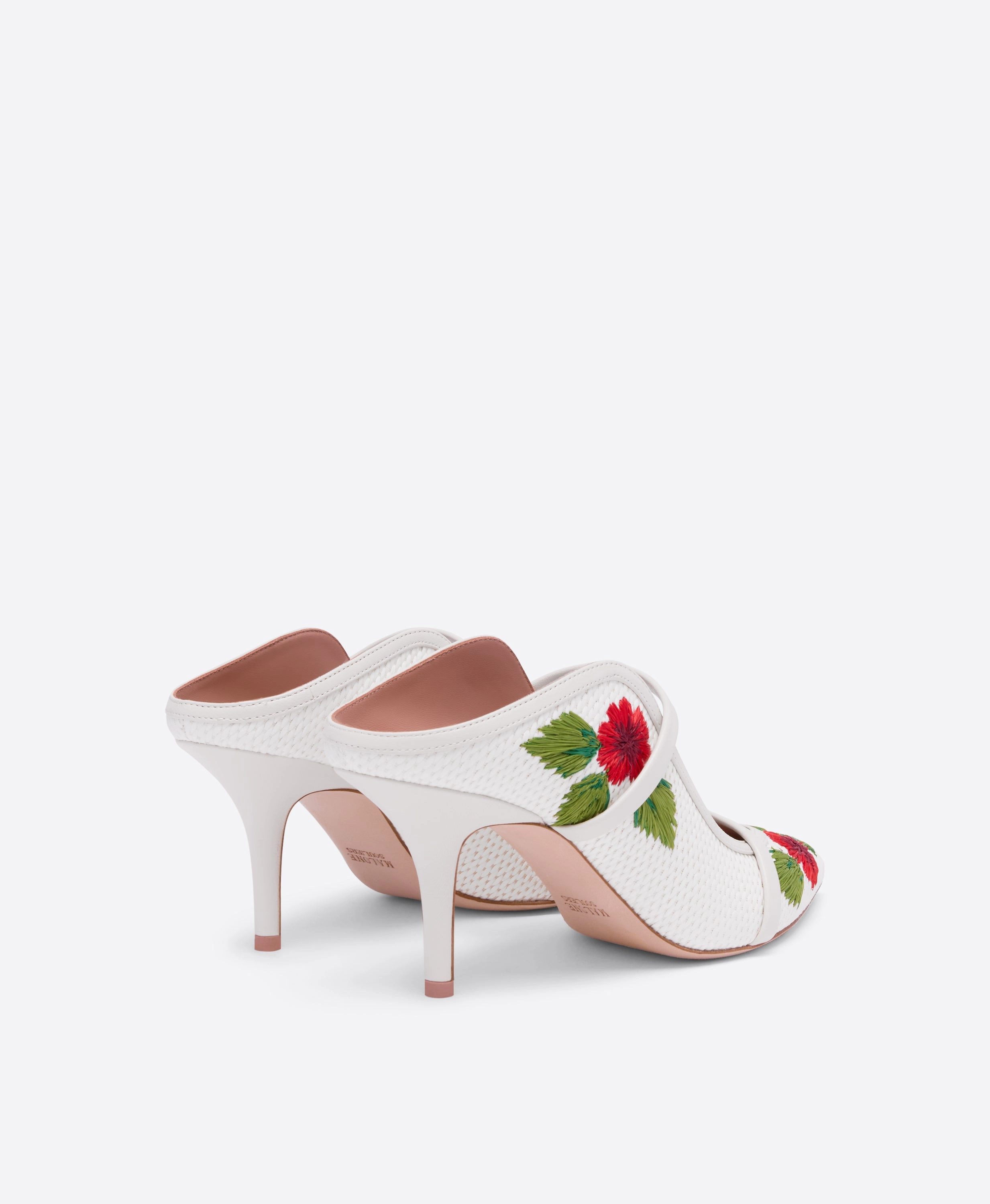 Maureen 70 White Embroidered Raffia Heeled Mules