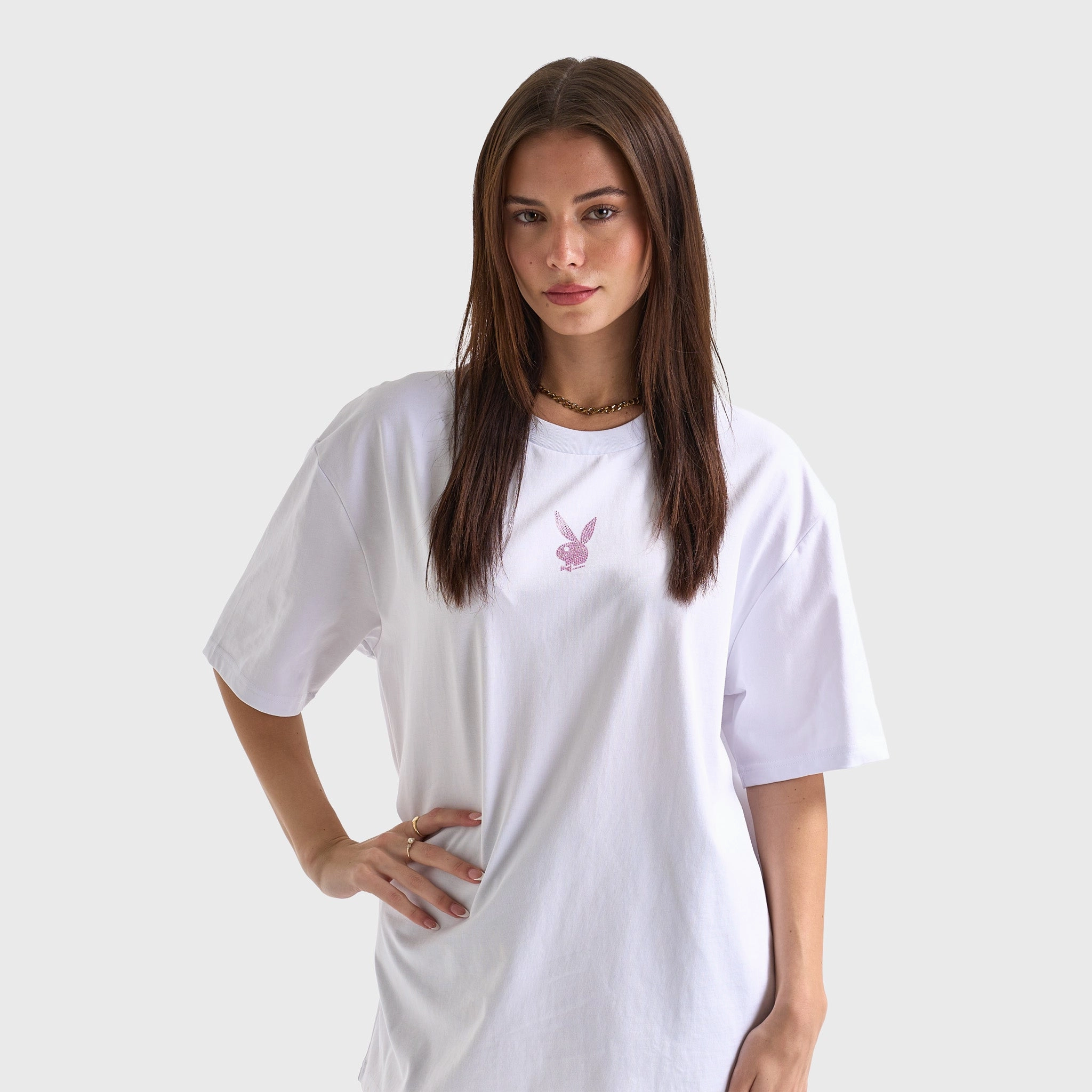 Playboy Women's Diamonte Oversized Graphic Tee / White