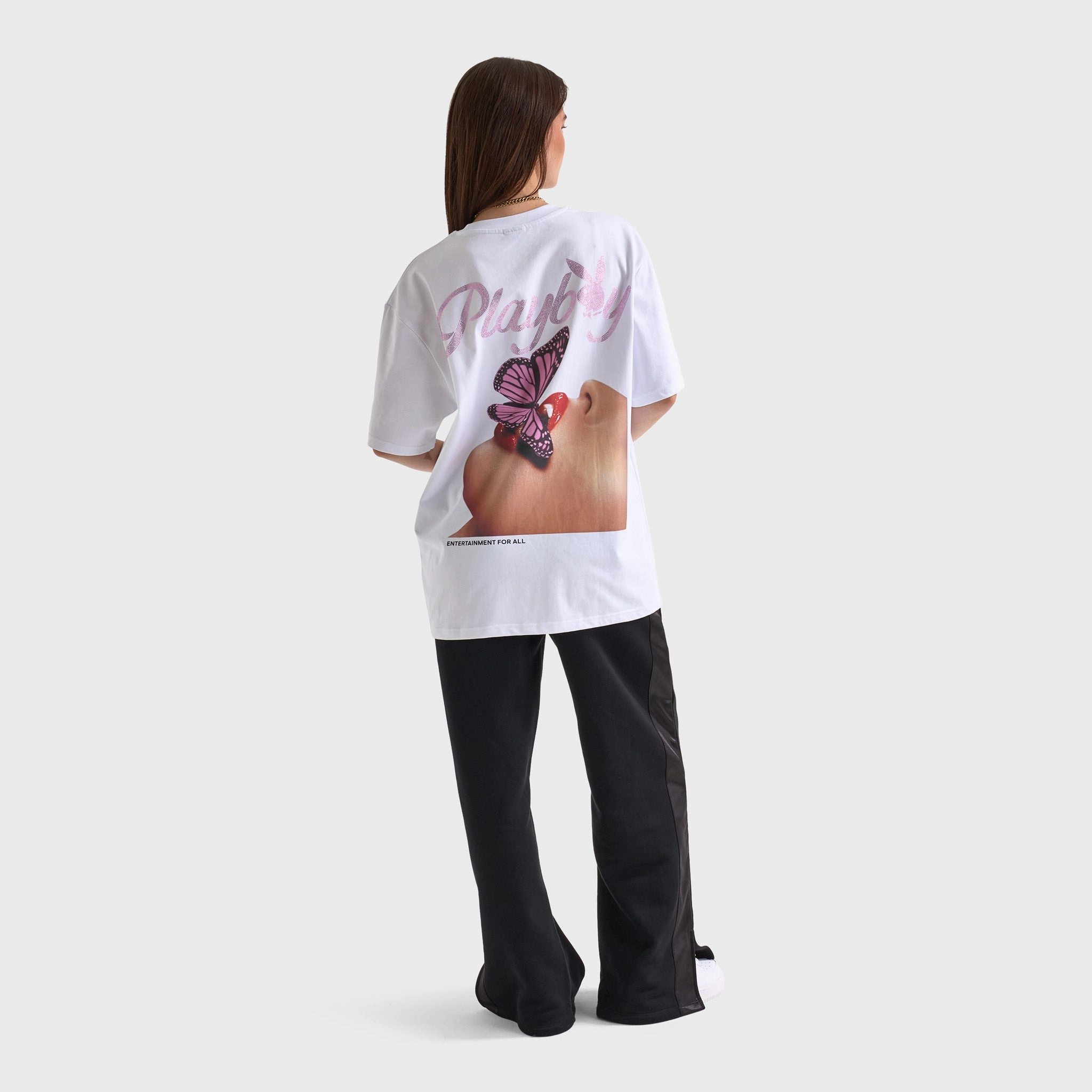 Playboy Women's Diamonte Oversized Graphic Tee / White