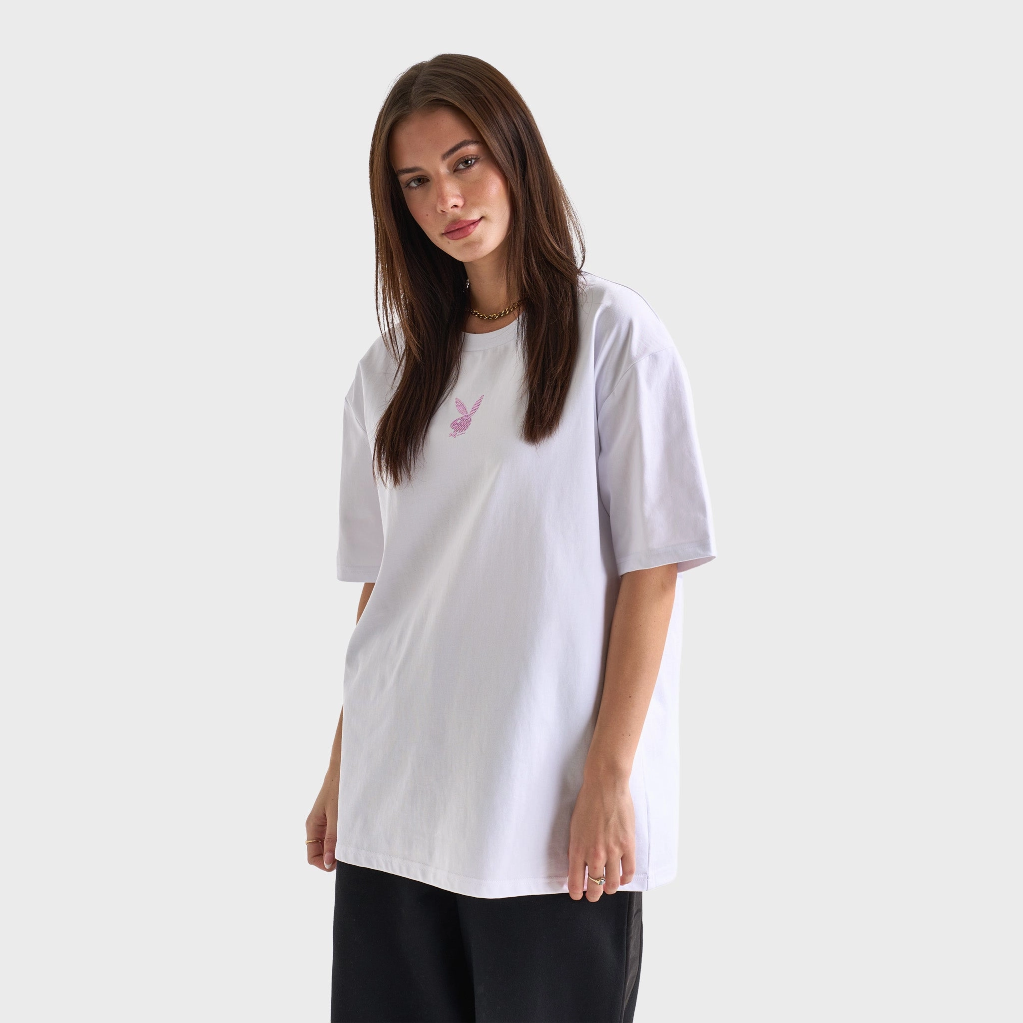 Playboy Women's Diamonte Oversized Graphic Tee / White