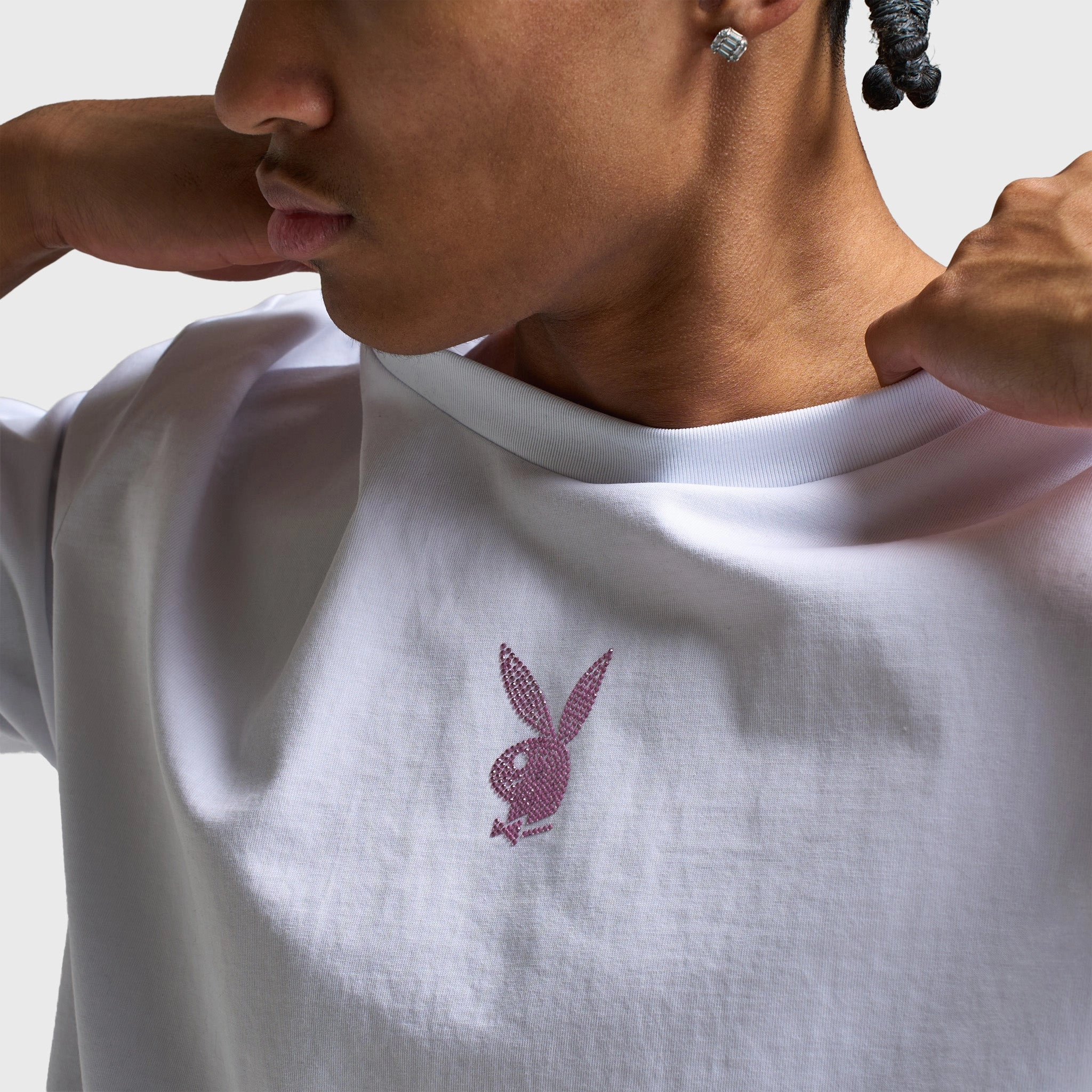 Playboy Women's Diamonte Oversized Graphic Tee / White
