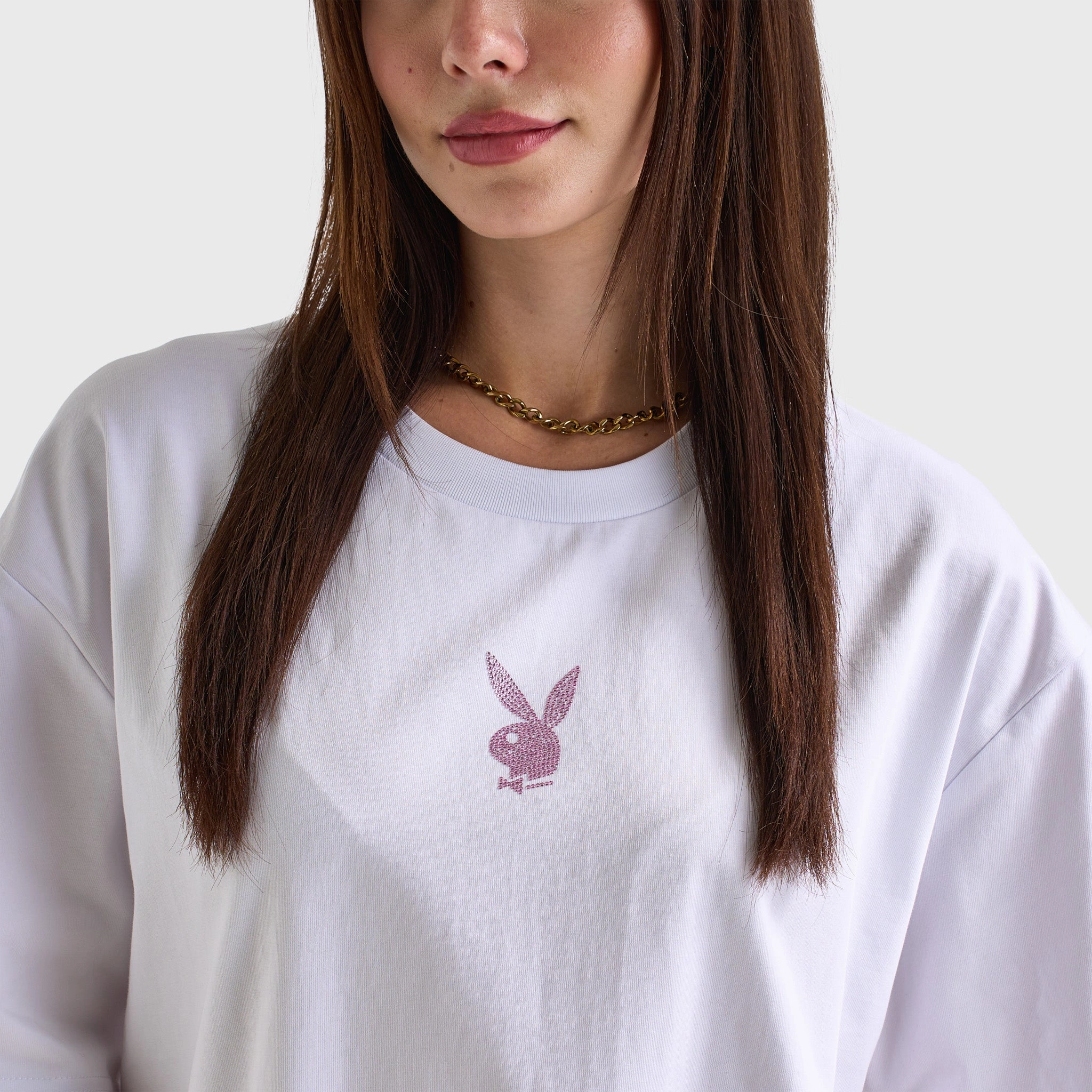 Playboy Women's Diamonte Oversized Graphic Tee / White