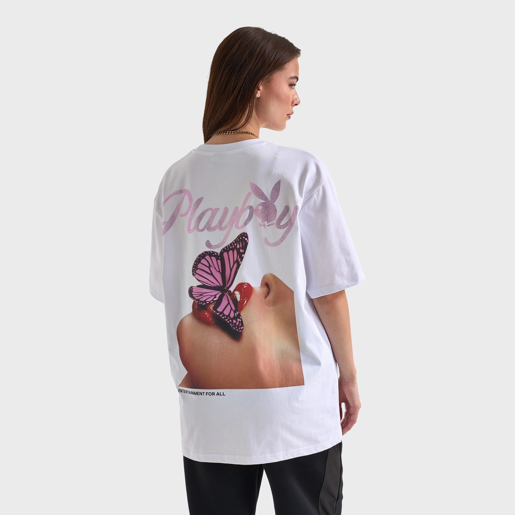 Playboy Women's Diamonte Oversized Graphic Tee / White