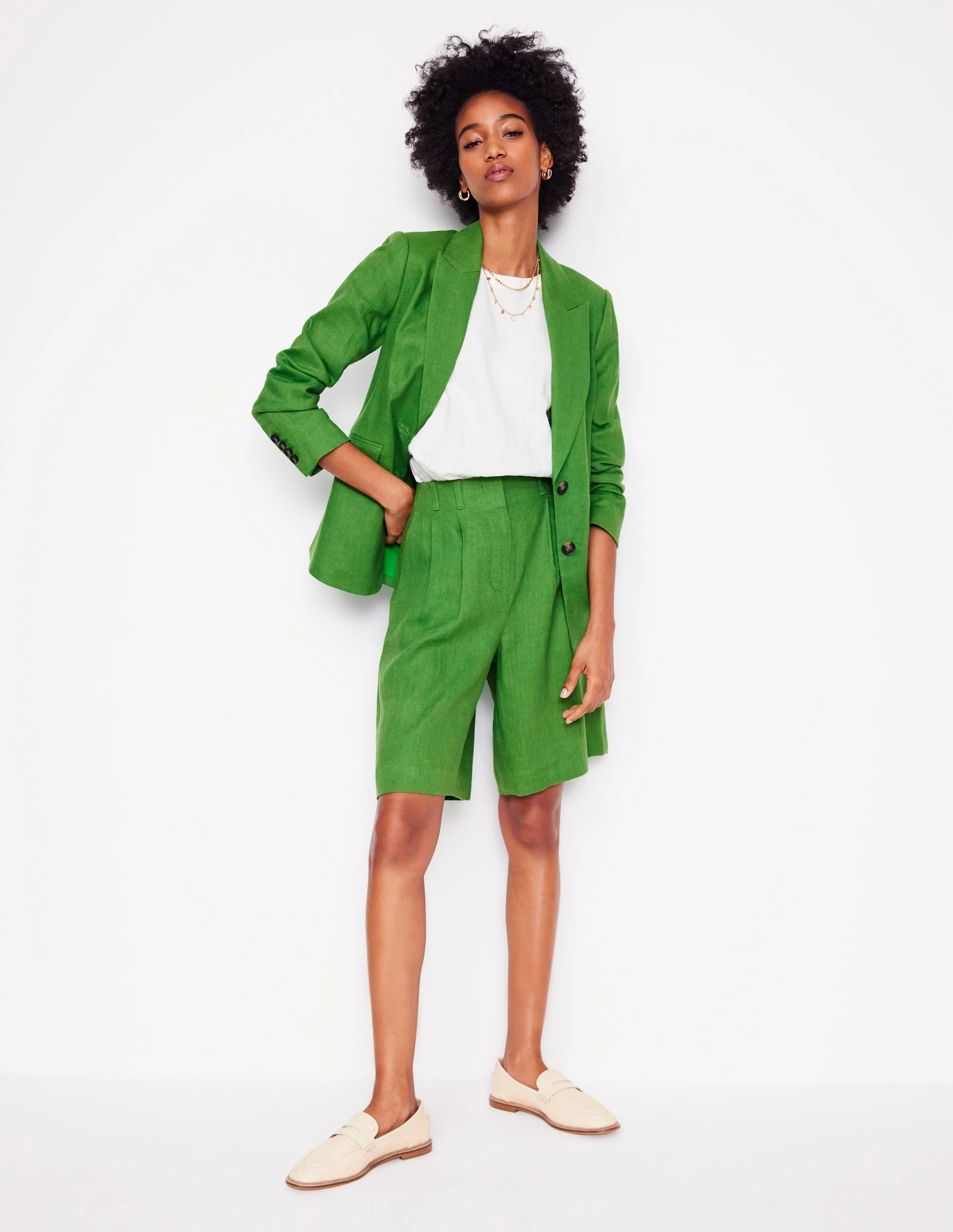 Pleat Linen Wide Leg Shorts-Green