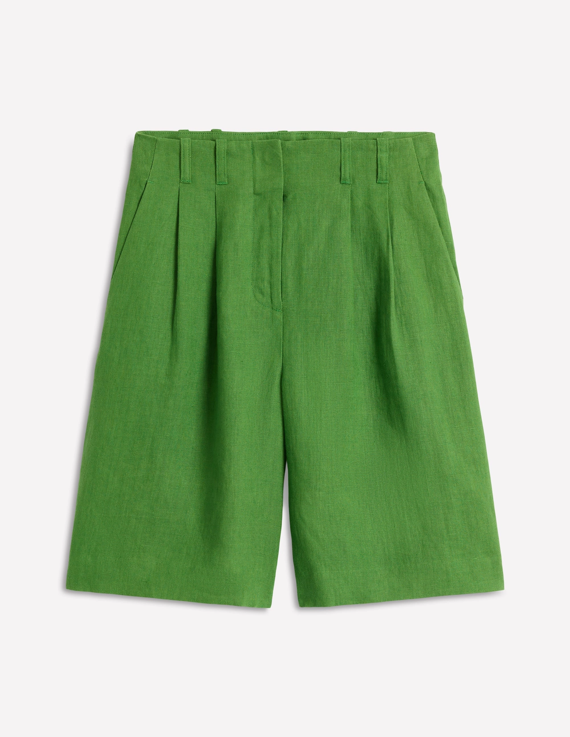 Pleat Linen Wide Leg Shorts-Green