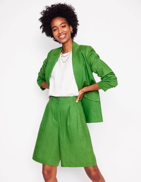 Pleat Linen Wide Leg Shorts-Green