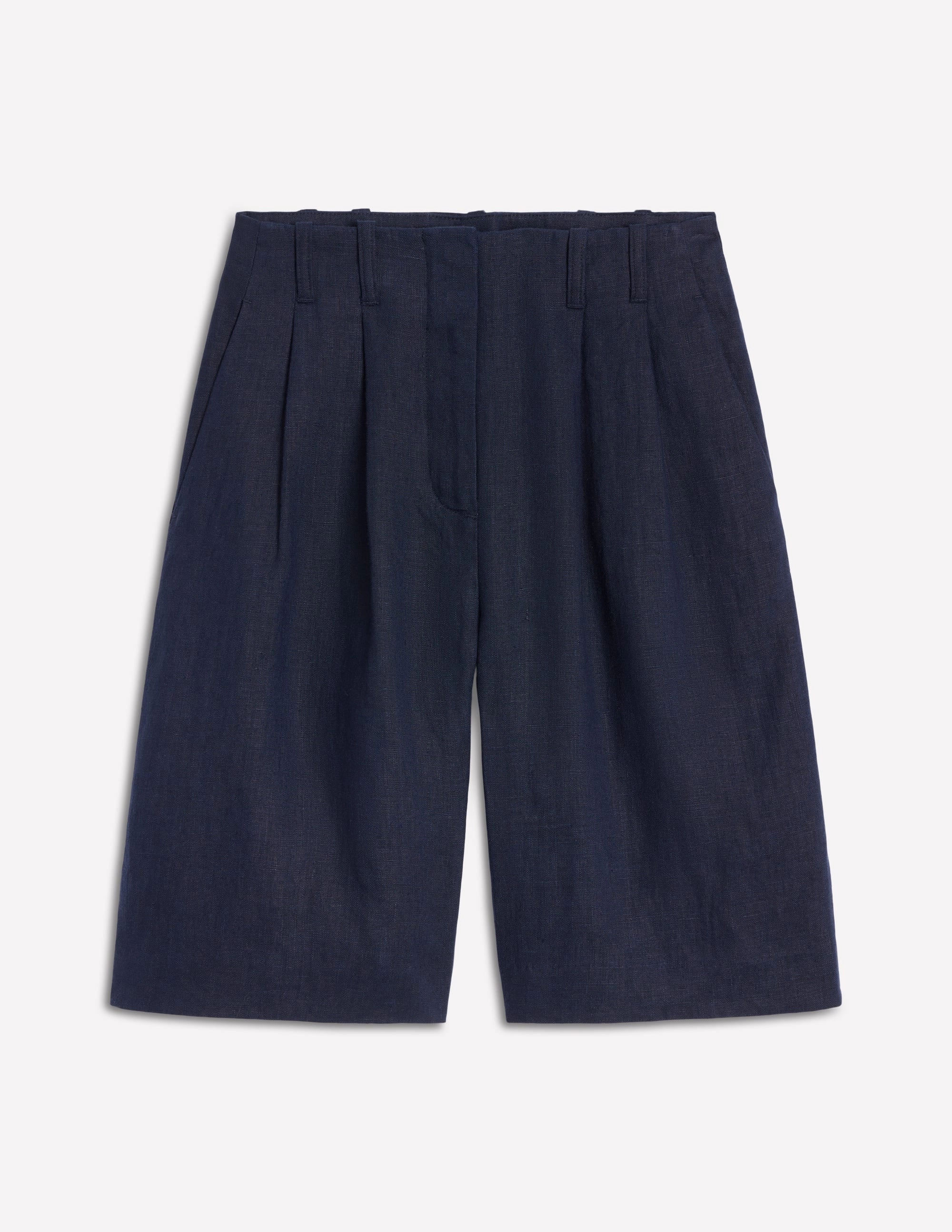 Pleat Linen Wide Leg Shorts-Navy