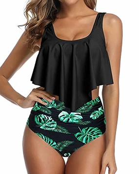Removable Padded Push Up Bras Two Piece Bikini For Women-Black Leaf