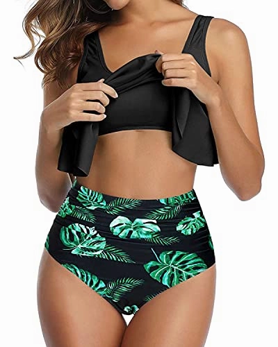Removable Padded Push Up Bras Two Piece Bikini For Women-Black Leaf