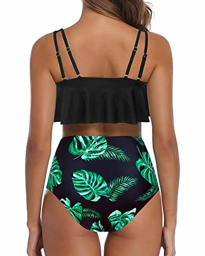 Removable Padded Push Up Bras Two Piece Bikini For Women-Black Leaf