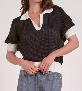 Rita Short Sleeve Collared Sweater In Black/white