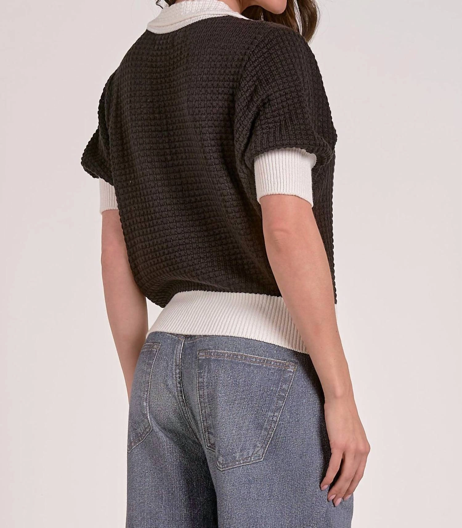Rita Short Sleeve Collared Sweater In Black/white