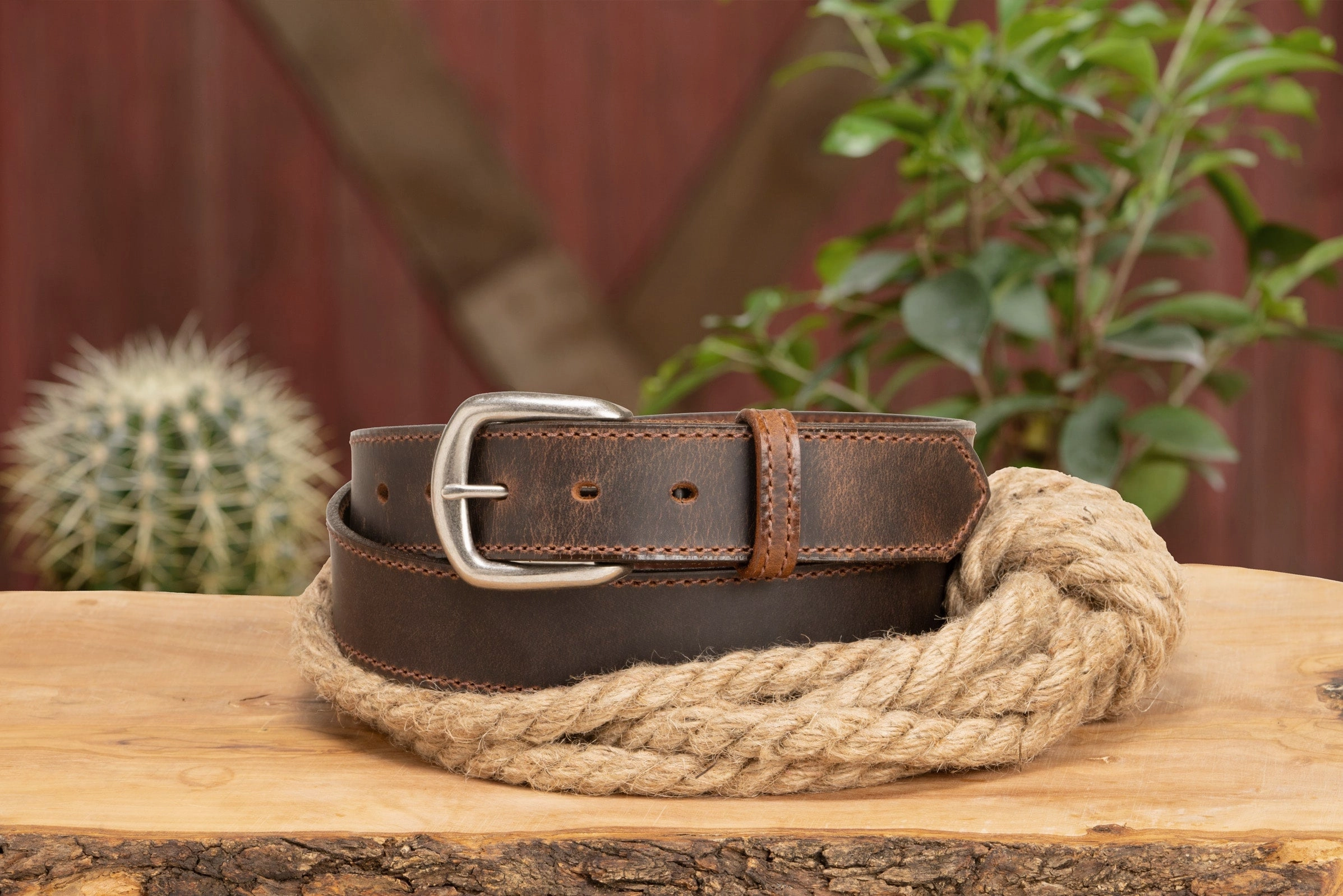 The Crazy Horse: Men's Oil Tanned Stitched Leather Belt 1.375" (Brown Colored Thread)