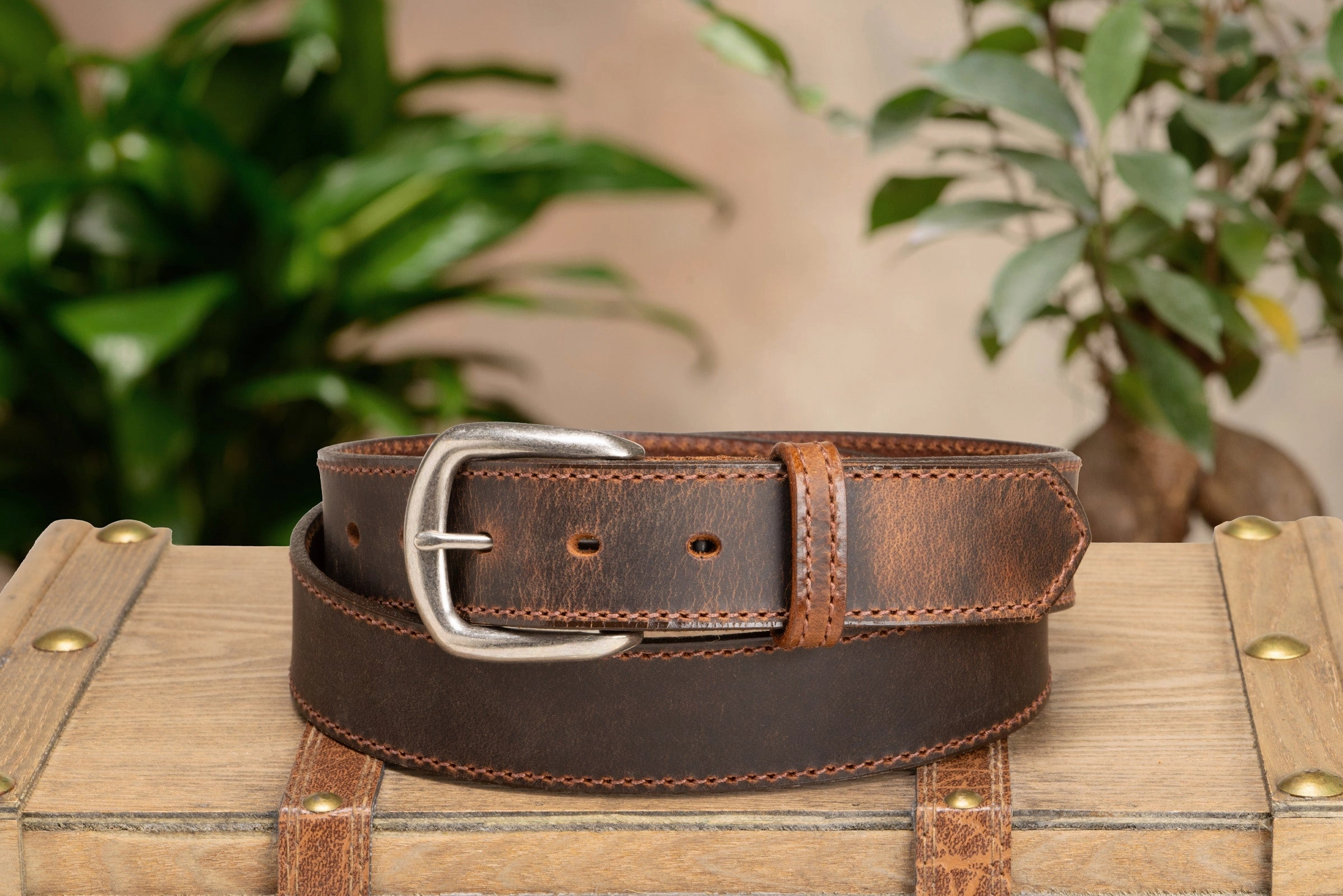 The Crazy Horse: Men's Oil Tanned Stitched Leather Belt 1.375" (Brown Colored Thread)
