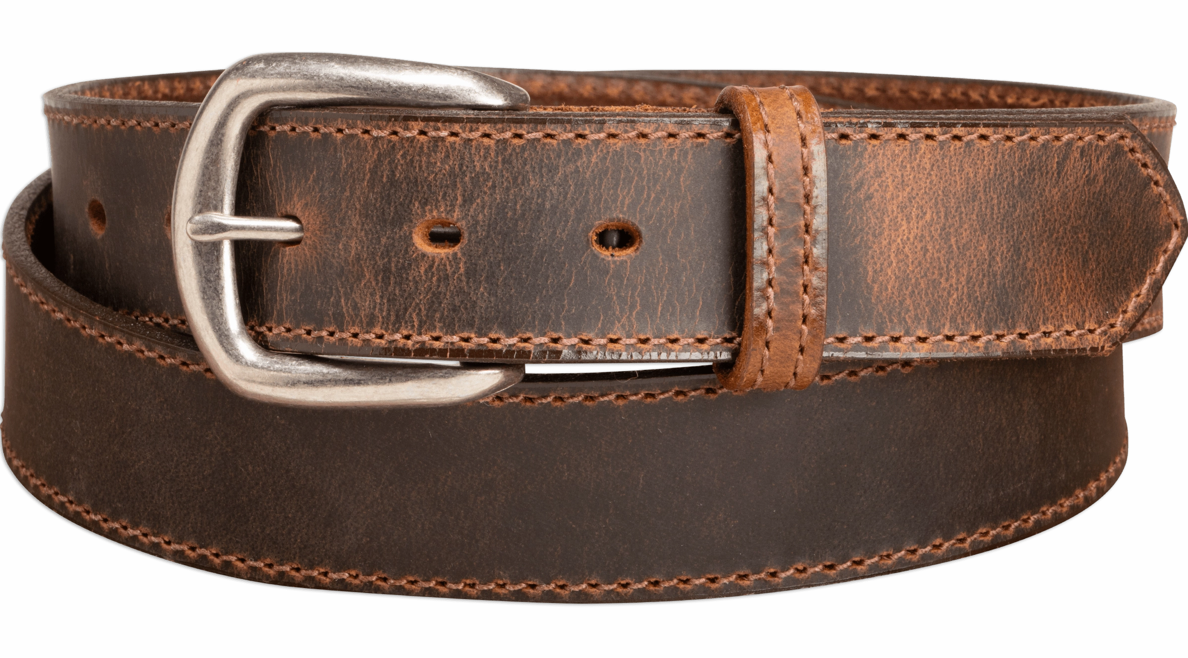 The Crazy Horse: Men's Oil Tanned Stitched Leather Belt 1.375" (Brown Colored Thread)