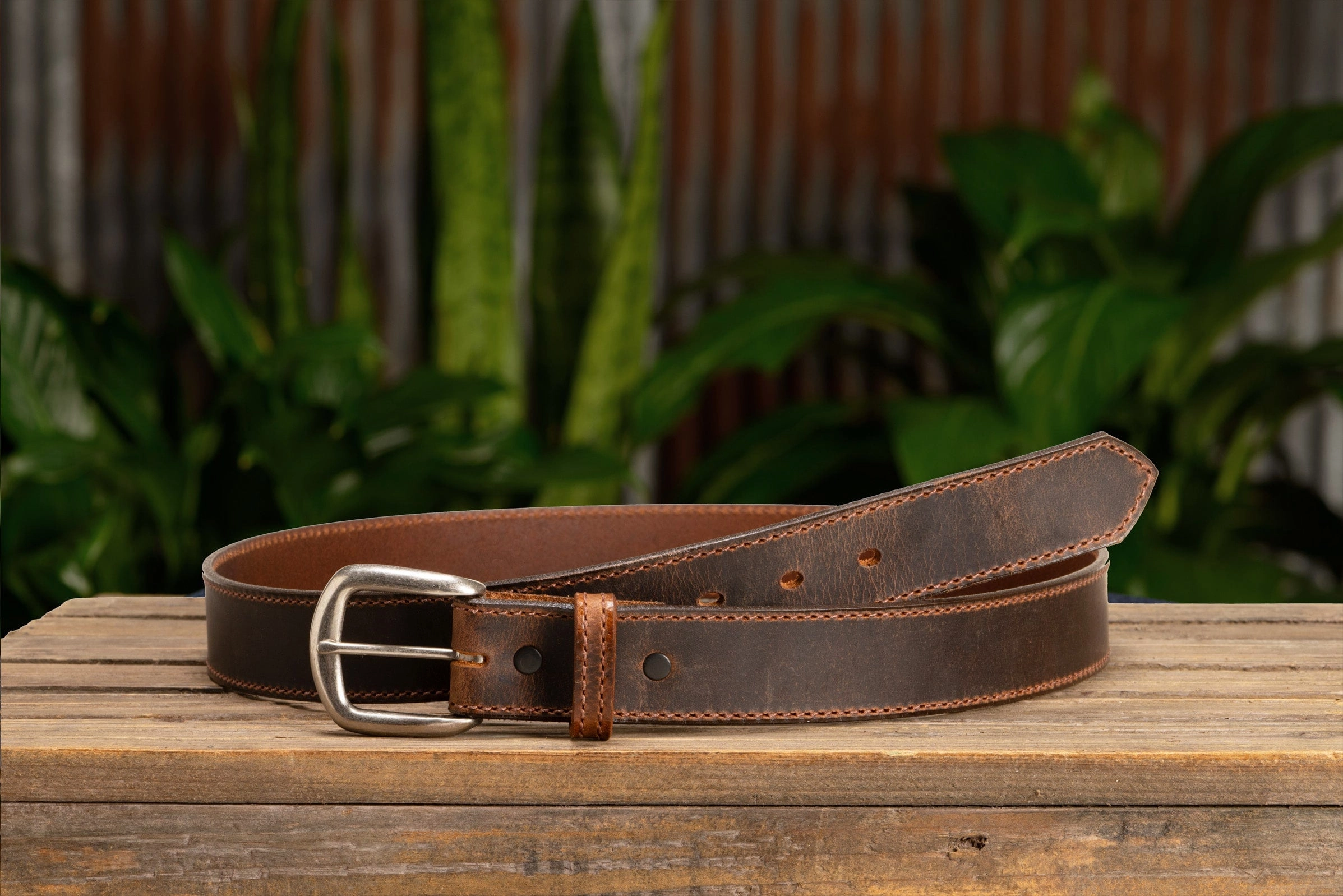 The Crazy Horse: Men's Oil Tanned Stitched Leather Belt 1.375" (Brown Colored Thread)