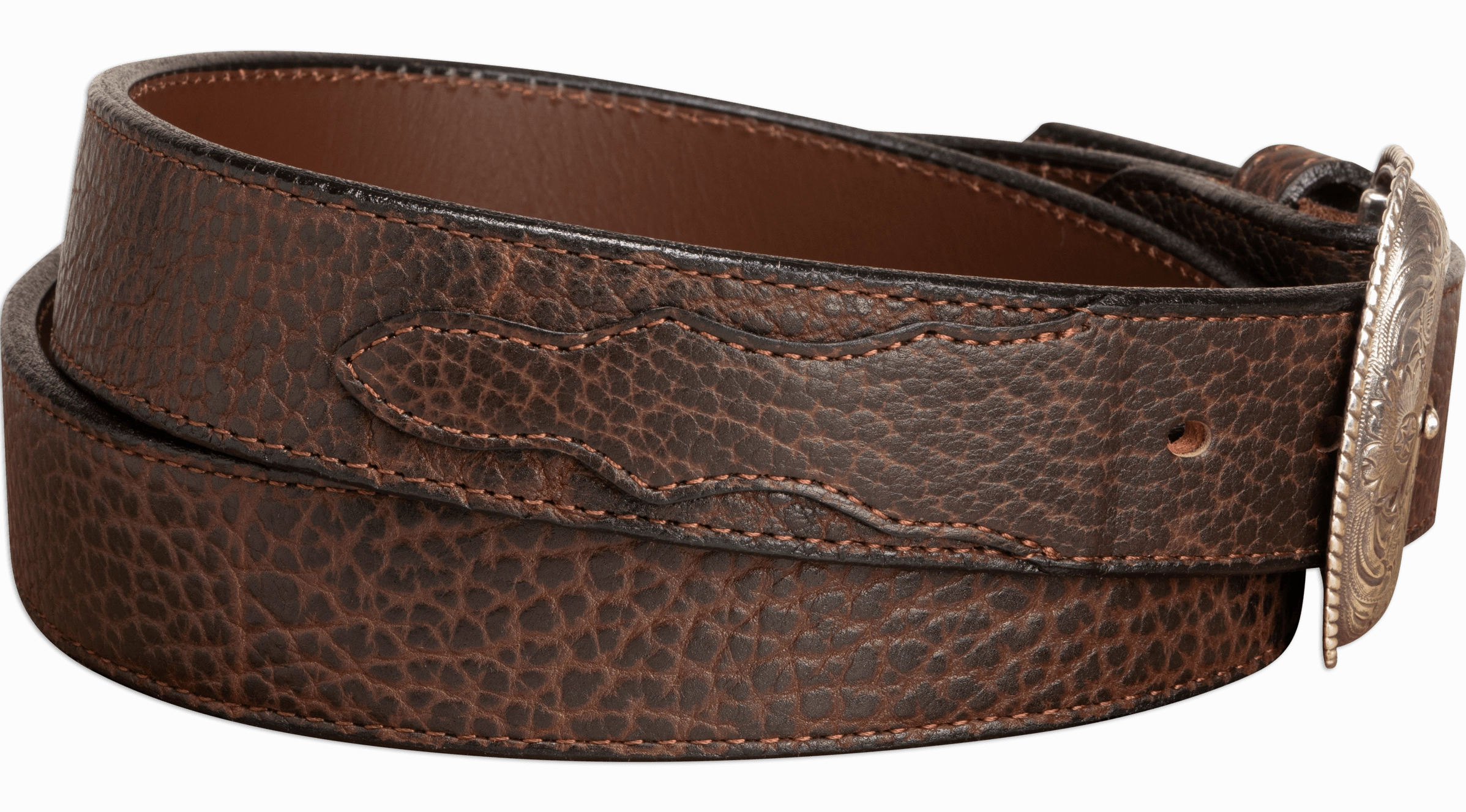 The Forester: Brown Stitched Western American Bison Belt - Scalloped Ends 1.50"