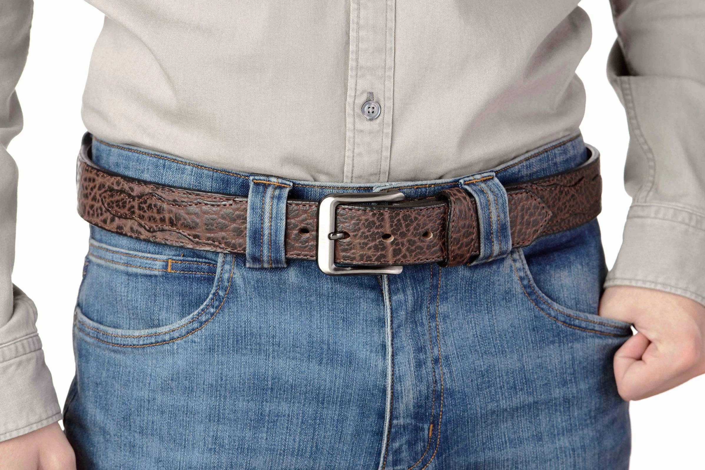 The Forester: Men's Brown Stitched American Bison With Scalloped Ends Leather Belt 1.50"