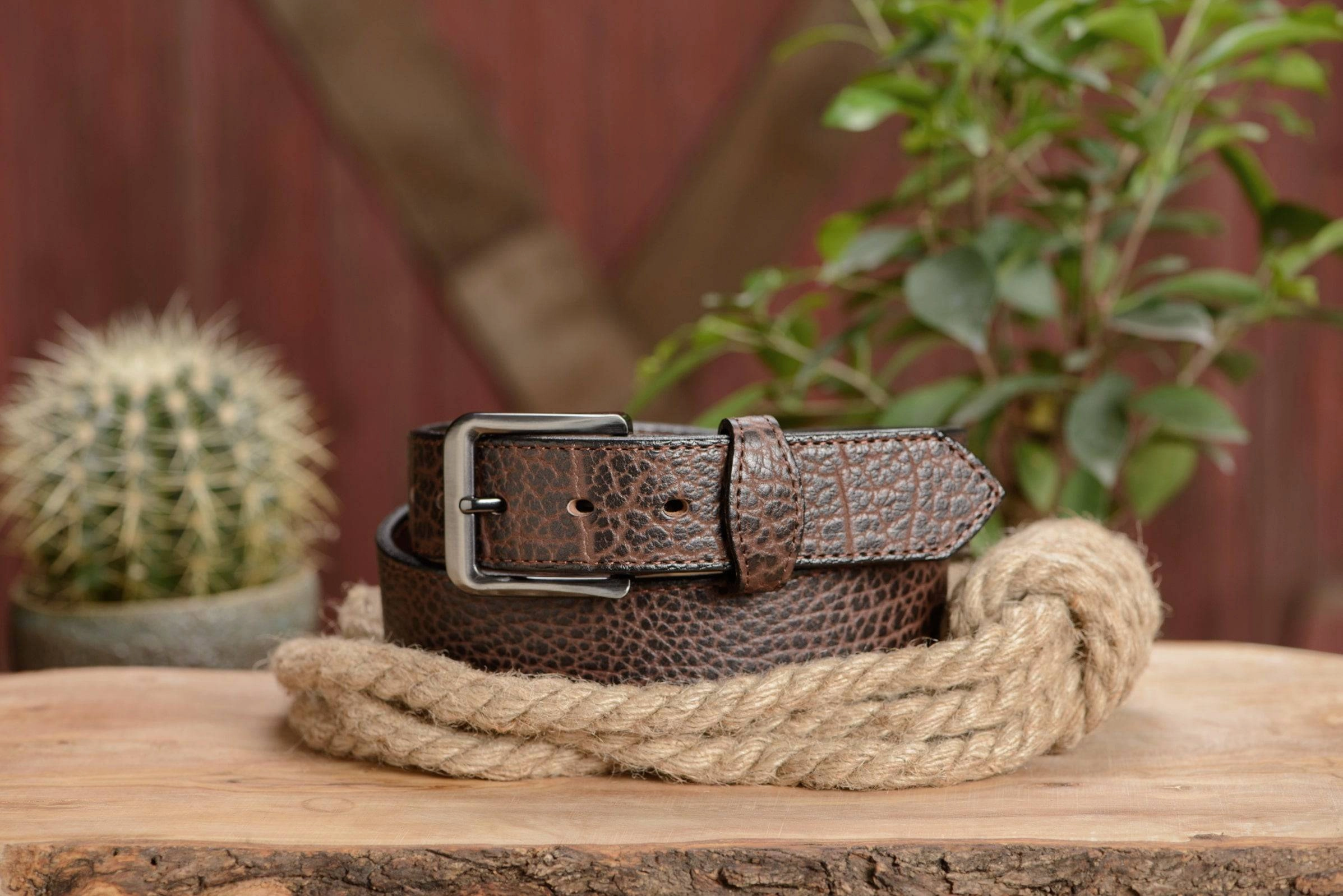 The Forester: Men's Brown Stitched American Bison With Scalloped Ends Leather Belt 1.50"