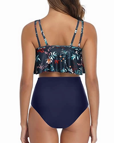 Tummy Control Women Ruffled Flounce Bikini Swimsuit-Blue Colorul Flowers