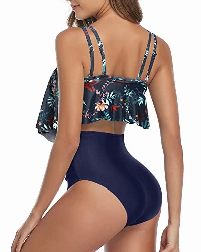 Tummy Control Women Ruffled Flounce Bikini Swimsuit-Blue Colorul Flowers