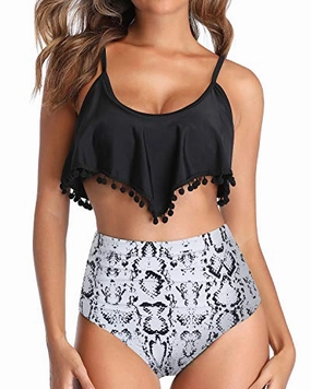 Two Piece Bathing Suit Removable Padded Bras Ruffle Swimsuit For Women-Black Snake