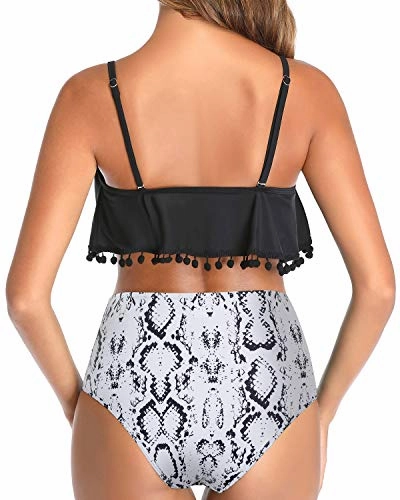 Two Piece Bathing Suit Removable Padded Bras Ruffle Swimsuit For Women-Black Snake