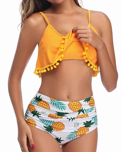 Two Piece Bathing Suit Tropical Prints Ruffle Swimsuit For Women-Yellow Pineapple