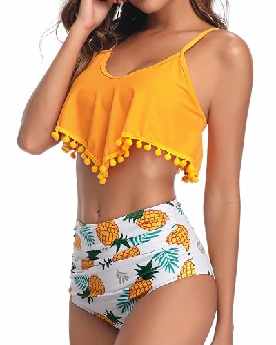 Two Piece Bathing Suit Tropical Prints Ruffle Swimsuit For Women-Yellow Pineapple