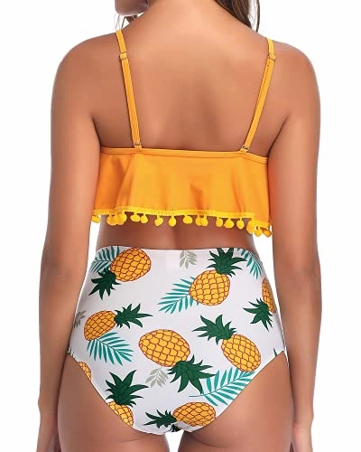 Two Piece Bathing Suit Tropical Prints Ruffle Swimsuit For Women-Yellow Pineapple